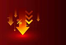 Graphic representation of downward arrows and a percentage symbol on a red background