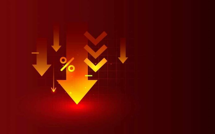 Graphic representation of downward arrows and a percentage symbol on a red background