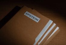 Stack of brown file folders labeled 'EPSTEIN'