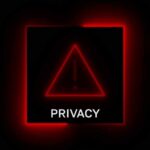 A red neon privacy warning sign with an exclamation mark