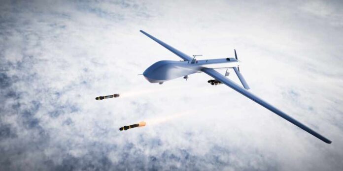 Military drone releasing missiles in the sky