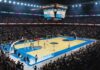 A crowded basketball arena during a live game