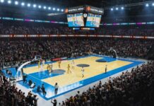 A crowded basketball arena during a live game