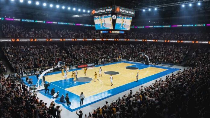 A crowded basketball arena during a live game