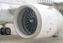 Close-up view of a jet engine mounted on an aircraft