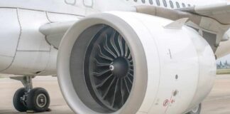 Close-up view of a jet engine mounted on an aircraft