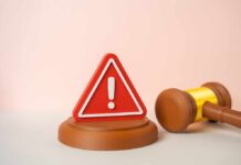 Court Clerk’s GREED Exposes Justice System FLAW A red warning sign next to a legal gavel on a light background