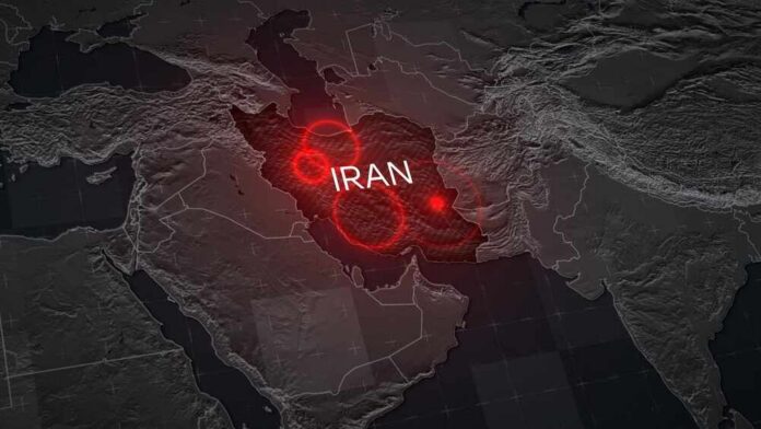 A digital map highlighting Iran with red circles