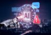 A robotic hand interacting with a digital AI interface