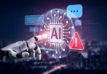 A robotic hand interacting with a digital AI interface