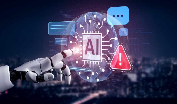 A robotic hand interacting with a digital AI interface