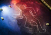 Crime scene chalk outline with numbered evidence markers.