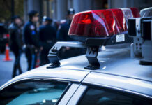 Chicago Bloodshed Explodes: Dozens Hit Police car roof with lights, officers in background.