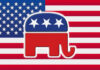 Republican Party elephant logo on American flag background.