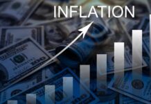 A visual representation of inflation with dollar bills and a rising graph