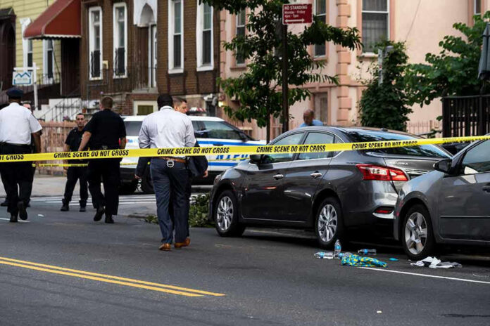 Police and crime scene tape on city street.
