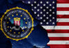 FBI seal superimposed on cracked American flag.
