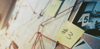 Investigation board with photos, notes, and red string.