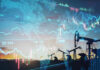 Trump Torches Big Oil War Profits Oil pumps and financial charts against world map