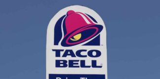 Taco Bell drive-thru sign against a clear blue sky