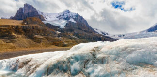 Snowy mountain landscape with glacial ice and rocks