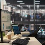 Computer monitor with analytics dashboard in a modern open office