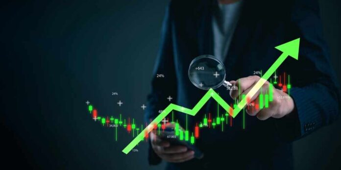 Business professional analyzing stock market trends with a magnifying glass