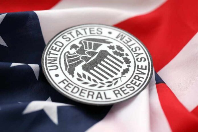 Federal Reserve System emblem on an American flag