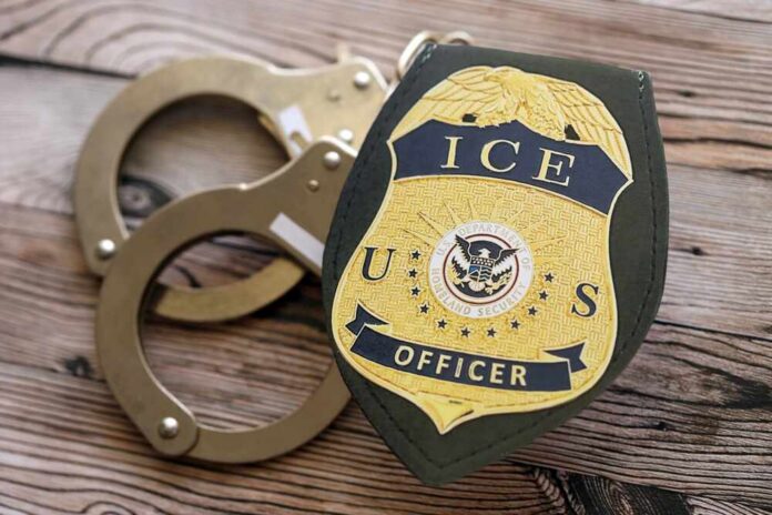 Kyiv,,Ukraine,-,September,17,,2025,Us,Ice,Officer,Badge ICE officer badge next to handcuffs on a wooden surface
