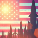Missiles silhouetted against American flag background with sunset.