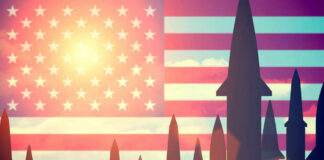 Missiles silhouetted against American flag background with sunset.