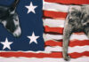 Donkey and elephant on American flag background.