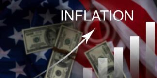Graph indicating inflation with dollar bills on an American flag background