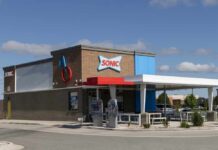 Sonic Drive-In restaurant exterior with drive-in canopy