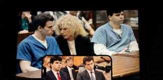 courtroom scenes on a screen with two defendants and a lawyer