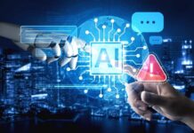 Robot hand and human hand touch a glowing AI interface over a cityscape