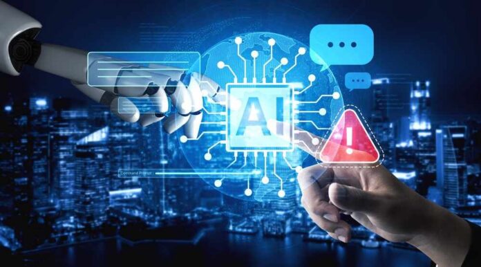 Robot hand and human hand touch a glowing AI interface over a cityscape