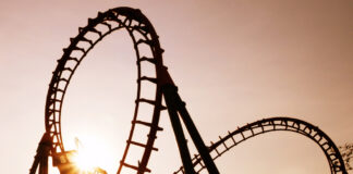 Roller coaster loops at sunset