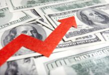 A red arrow indicating growth over scattered hundred dollar bills