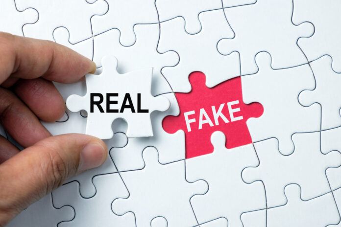 A hand holding a white puzzle piece labeled 'REAL' next to a red puzzle piece labeled 'FAKE'