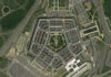 Aerial view of the Pentagon building surrounded by roads and parking lots