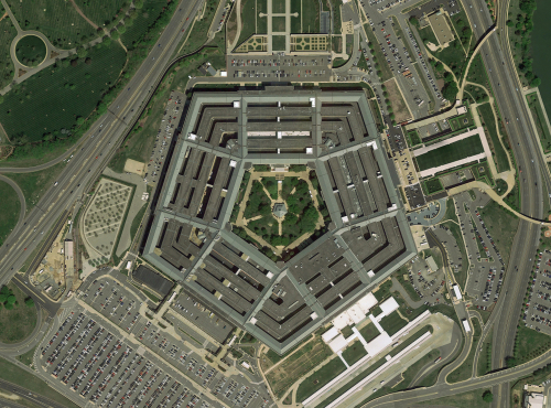 Aerial view of the Pentagon building surrounded by roads and parking lots