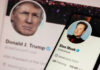 Donald Trump and Elon Musk Twitter profiles displayed.