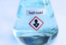 Flask labeled Health hazard with warning symbol.