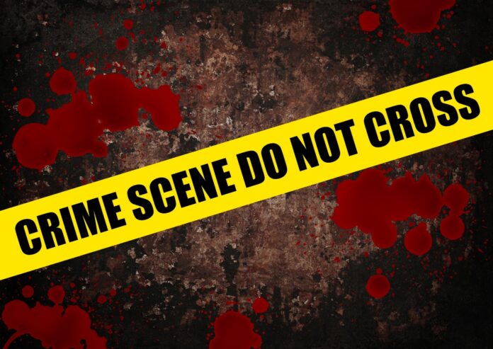 Yellow caution tape reading 'CRIME SCENE DO NOT CROSS' over a dark, blood-splattered background