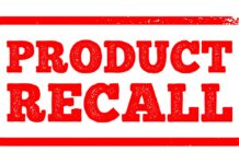 Product recall notice in bold red stamp style text